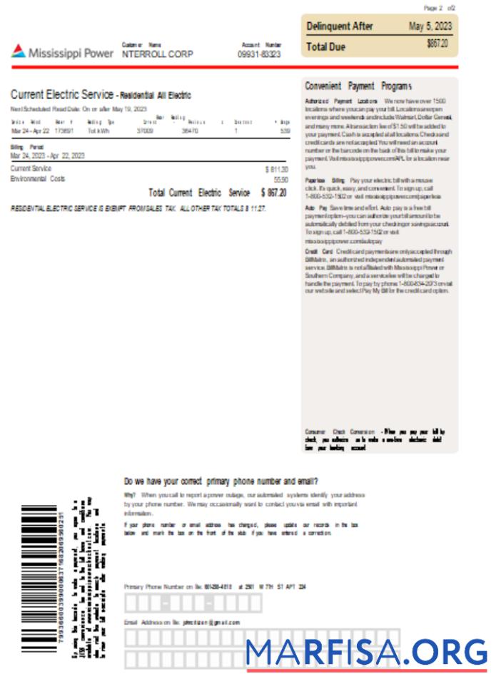 Realistic Mississippi Power utility business bill, page 2, SCR sample